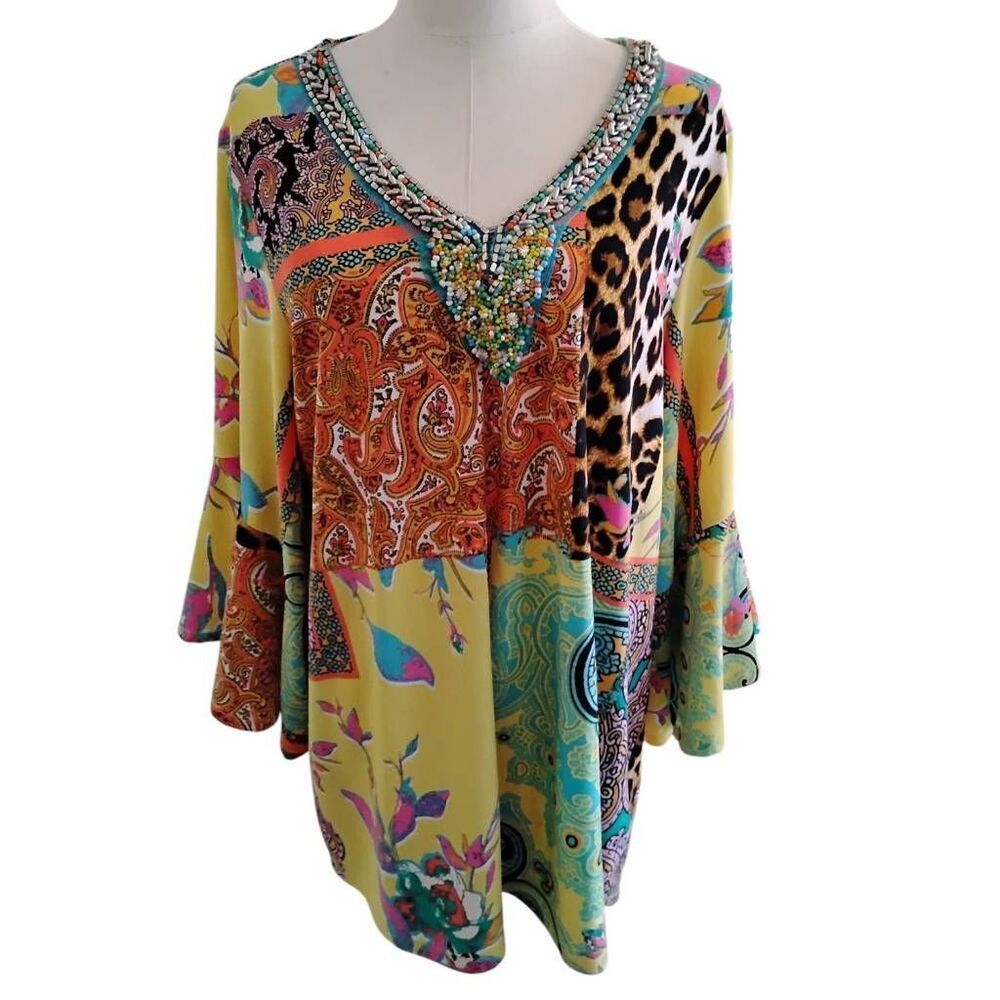 Melissa Paige Multicolor Leopard Beaded Tunic Blouse Size XL